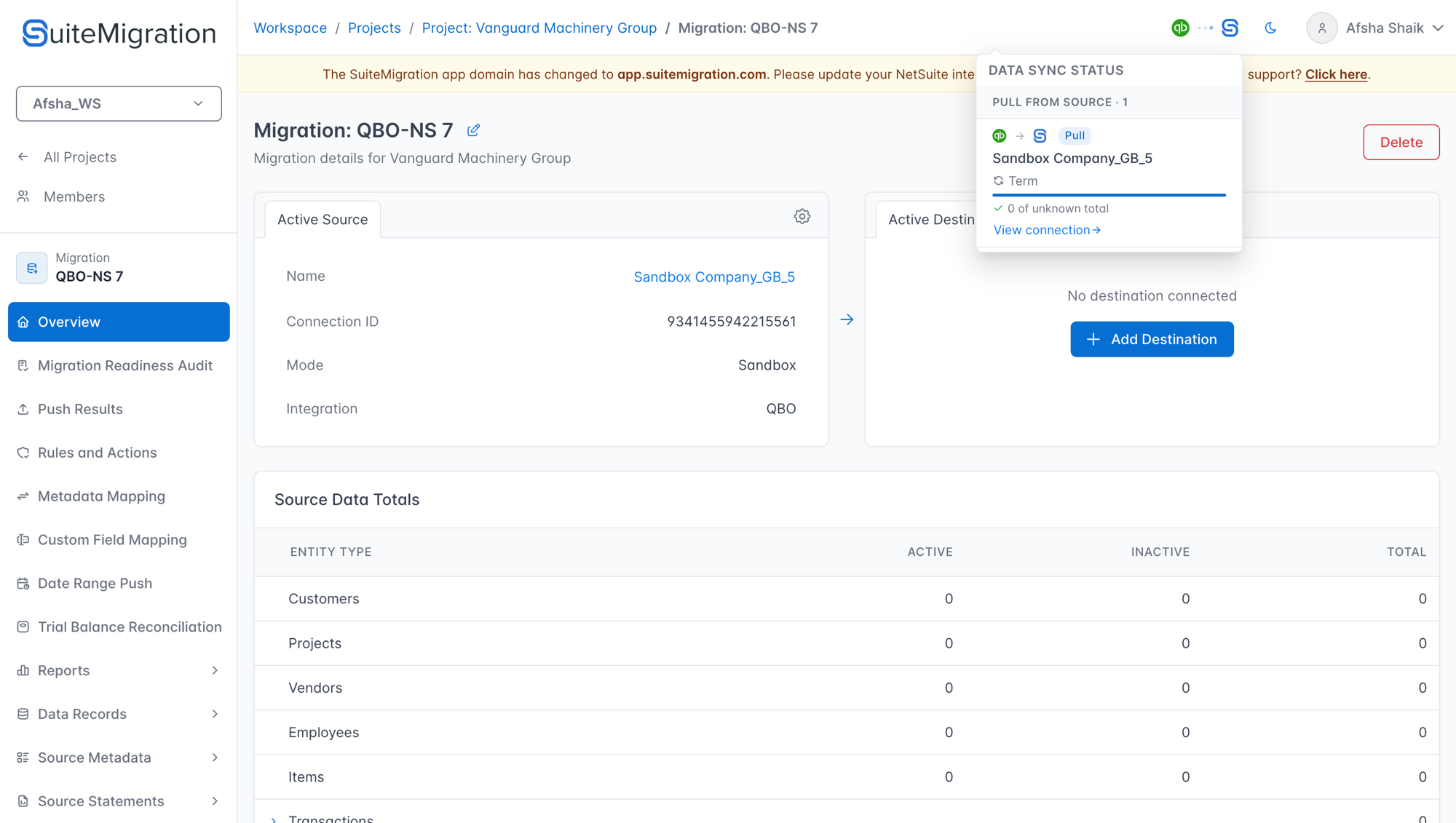 Data Sync Status dropdown showing a Pull in progress for Sandbox Company_GB_5
