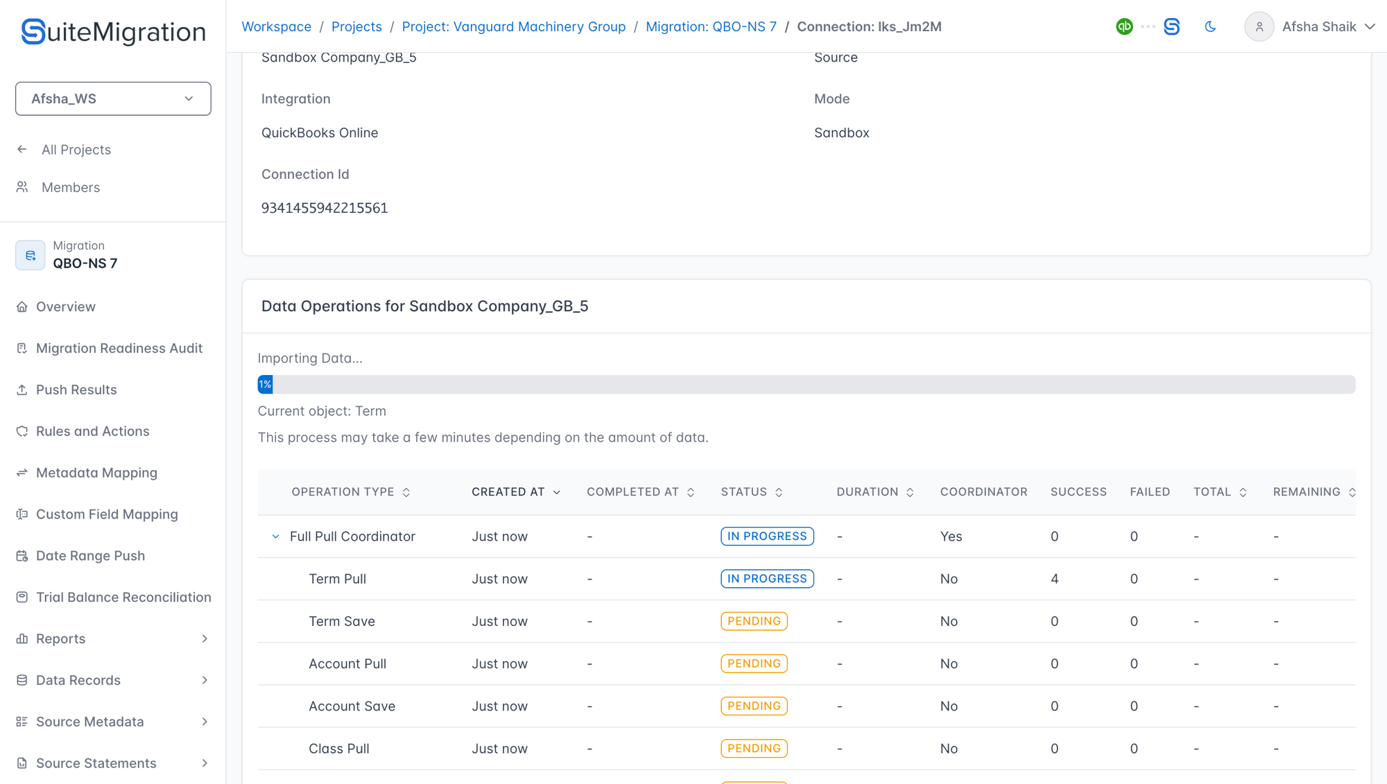 Connection detail page showing the Importing Data progress bar at 1% with Current object: Term and the Data Operations table