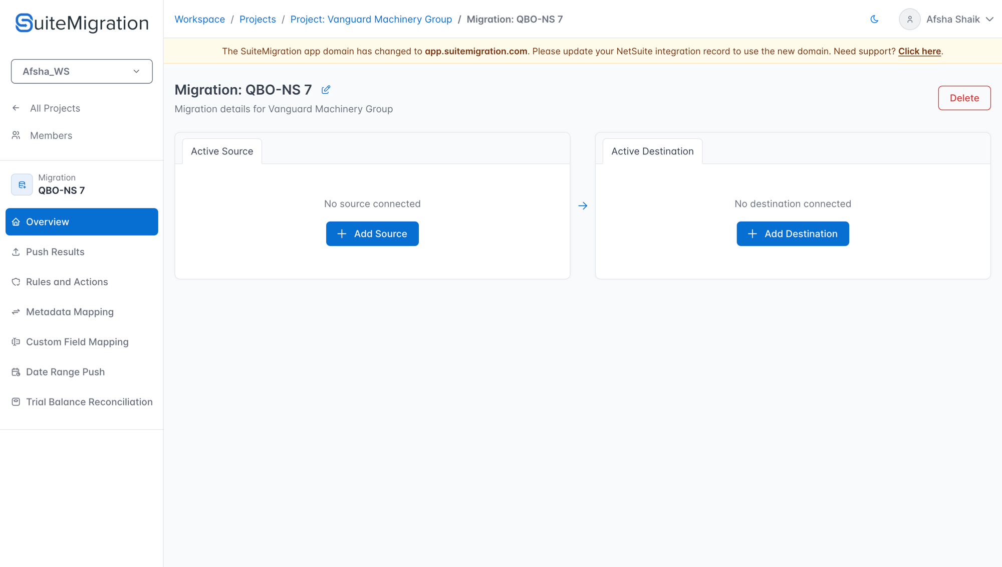 Migration overview showing the Active Source card with the Add Source button