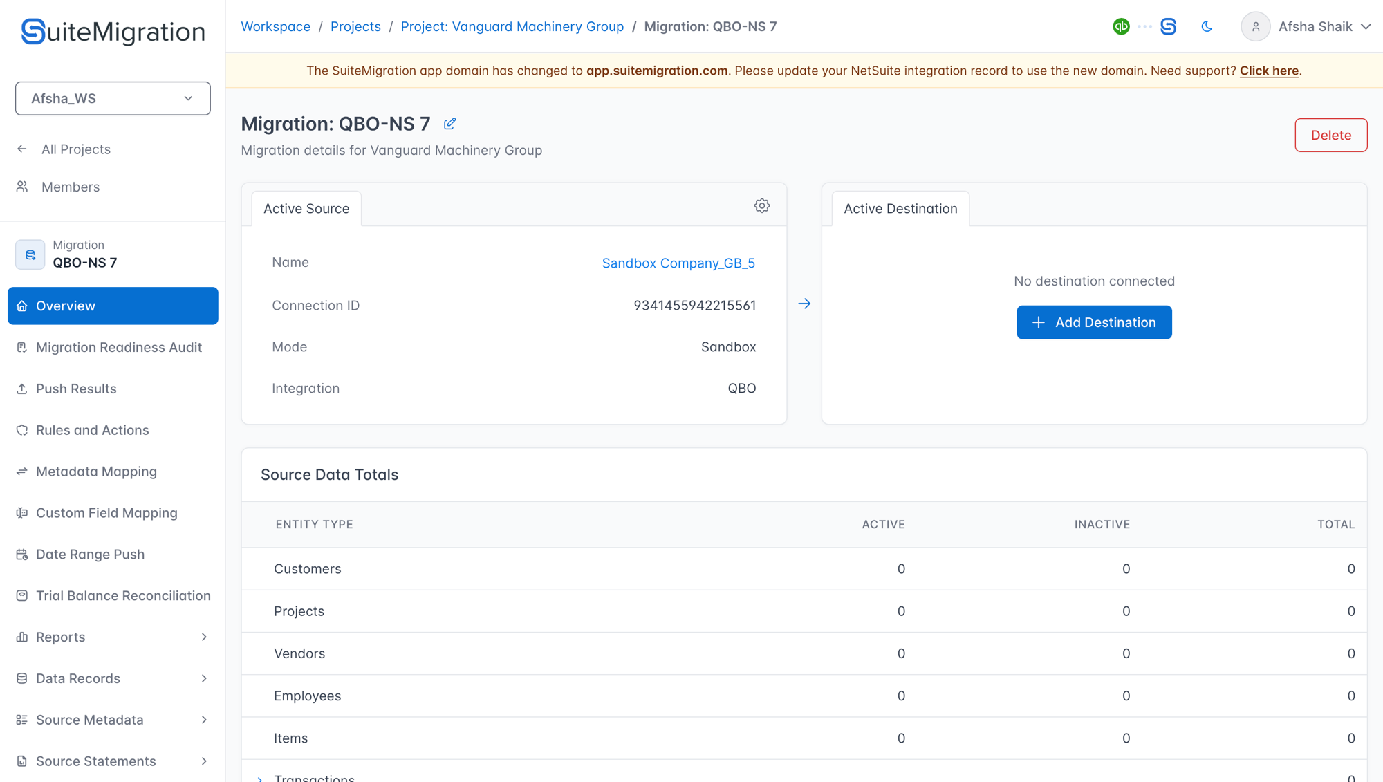 Migration overview after connecting QBO, showing the Active Source card with company details and Source Data Totals
