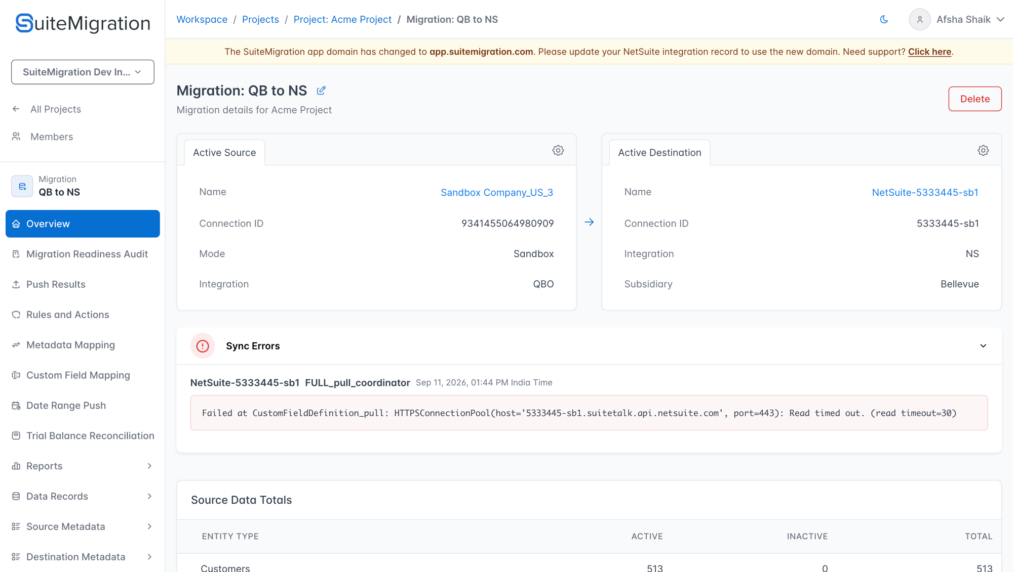 Migration overview showing the Sync Errors panel with a failed CustomFieldDefinition pull error