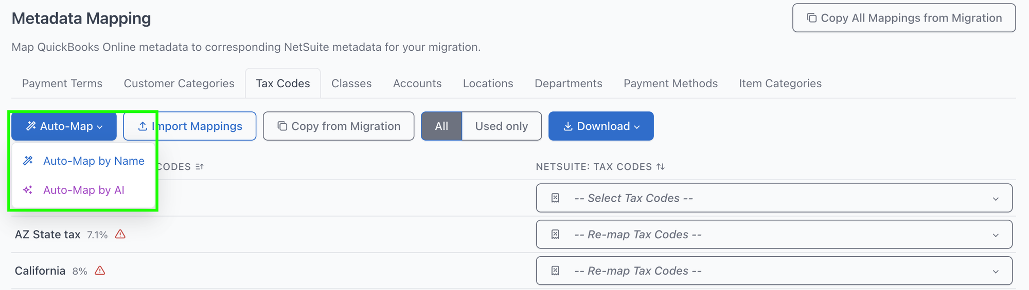 The Tax Codes tab on SuiteMigration's Metadata Mapping page with the Auto-Map dropdown open, showing Auto-Map by Name and Auto-Map by AI
