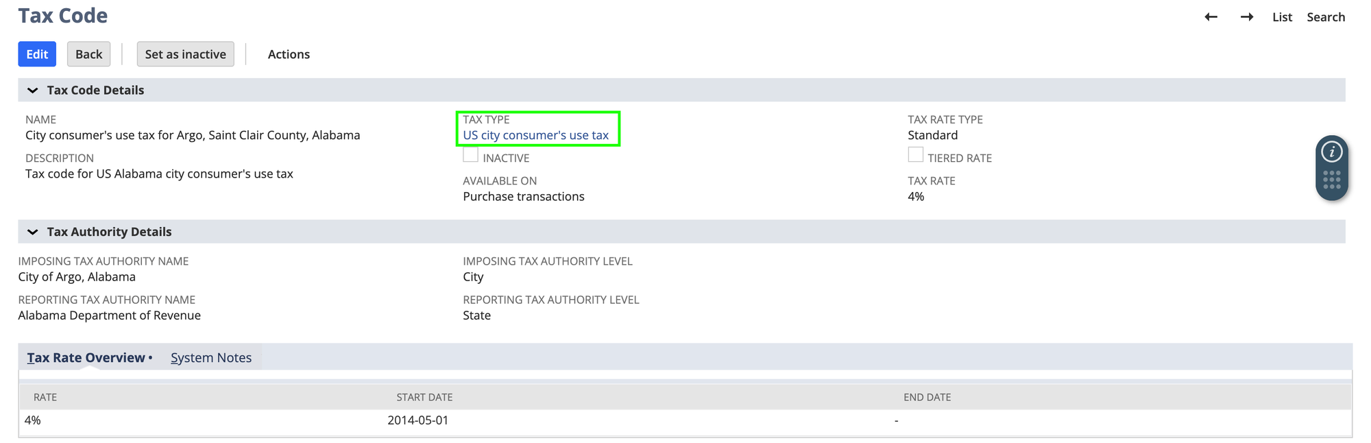 A NetSuite tax code record with its Tax Type field populated in the Tax Code Details section