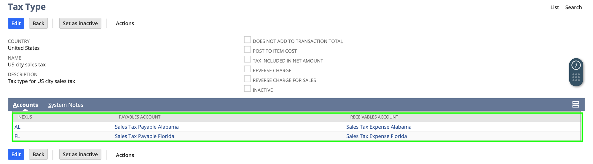 A NetSuite tax type record with its Accounts subtab listing a payables and receivables account for each nexus