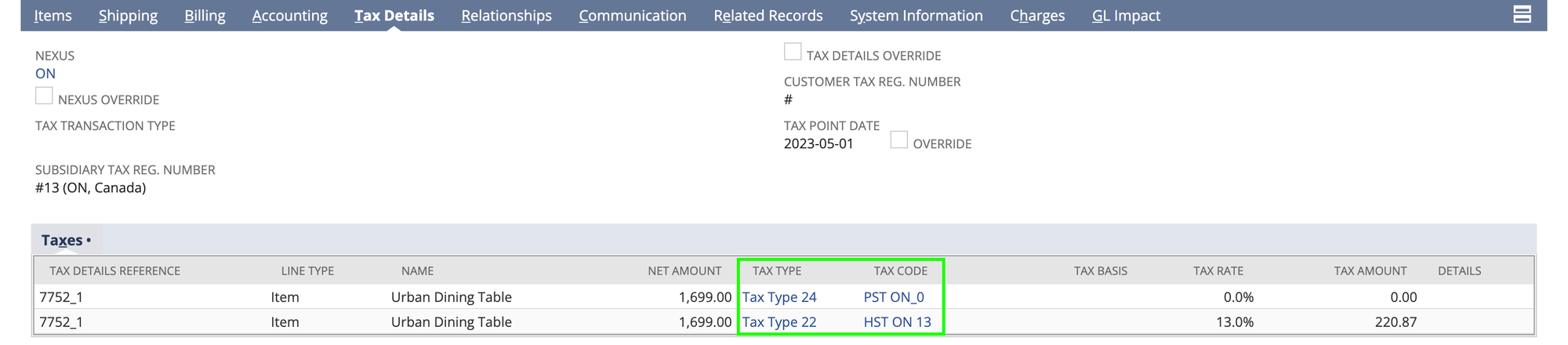 The Tax Details subtab on a NetSuite invoice, with the Taxes sublist showing tax rows carrying a tax type and tax code against a shared tax details reference