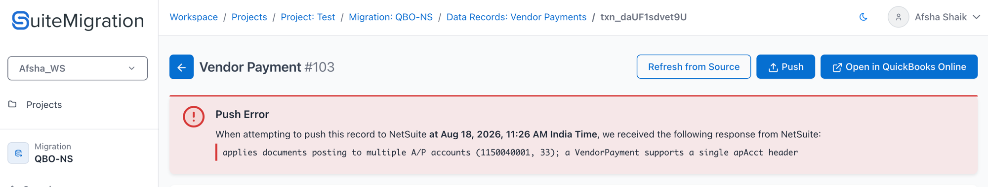 Open in QuickBooks Online button on the vendor-payment record