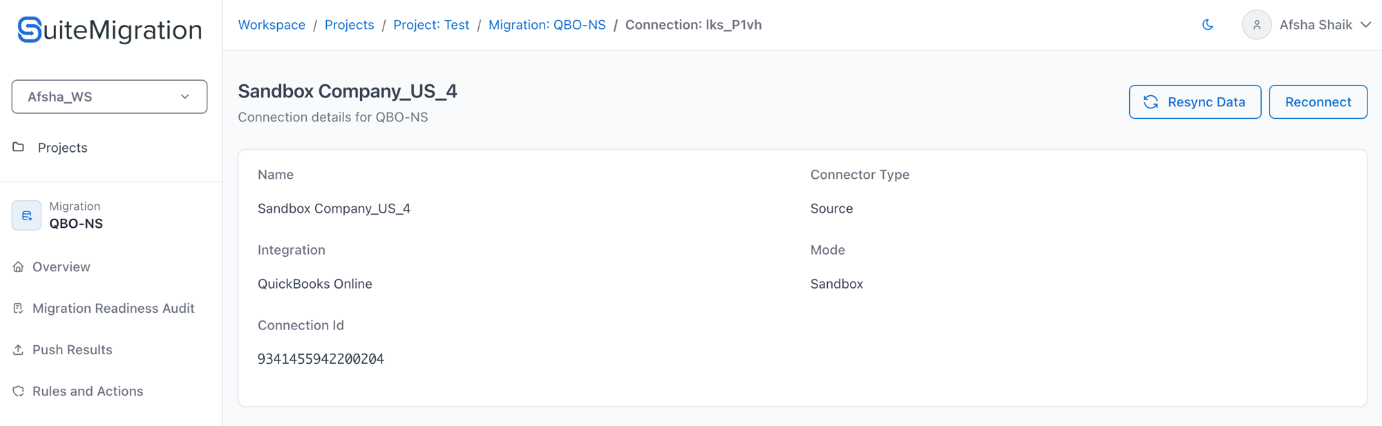 Resync Data button on the source connection page in SuiteMigration
