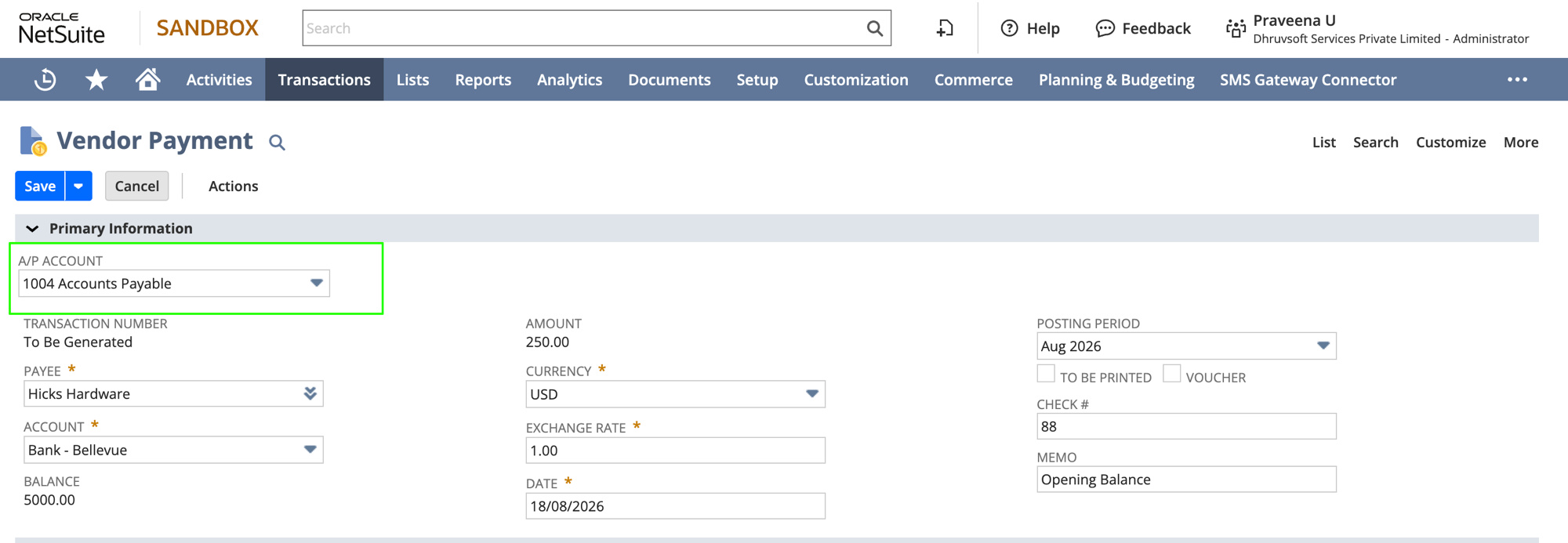 NetSuite Make Payment screen with the A/P Account field highlighted