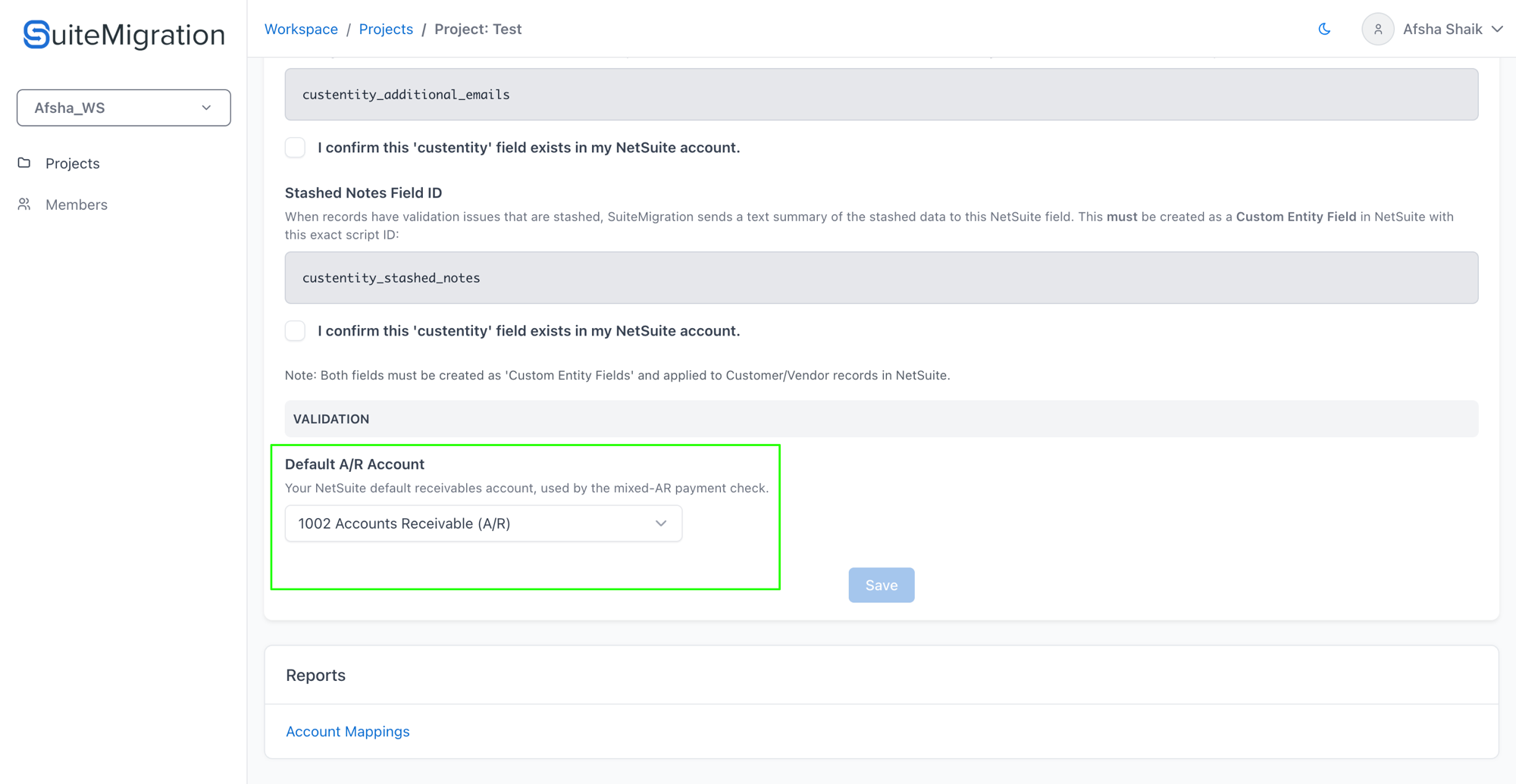 Default A/R Account setting under Project Settings → Validation