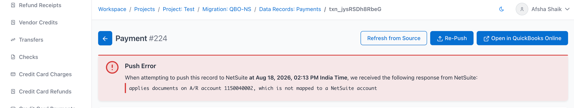 Open in QuickBooks Online button on the customer-payment record