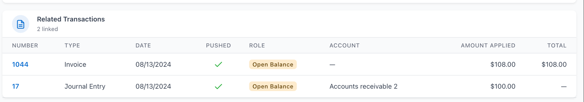 Related Transactions on a customer-payment record showing two applied documents with different A/R accounts
